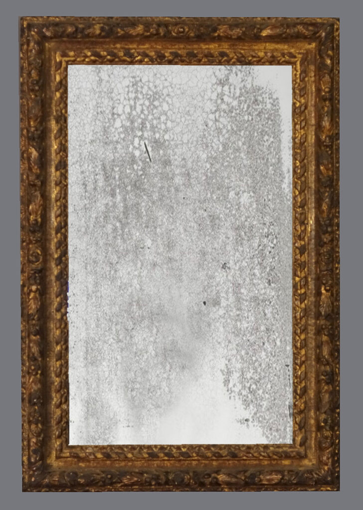 A mirror with a gold frame and a gray background