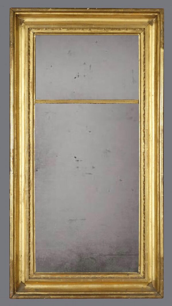 A mirror with two panels and a gold frame.